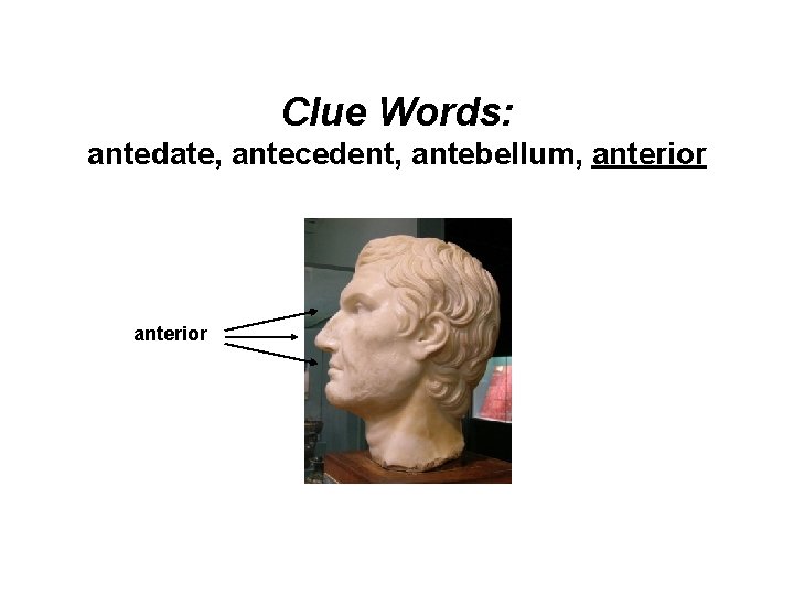 Clue Words: antedate, antecedent, antebellum, anterior 
