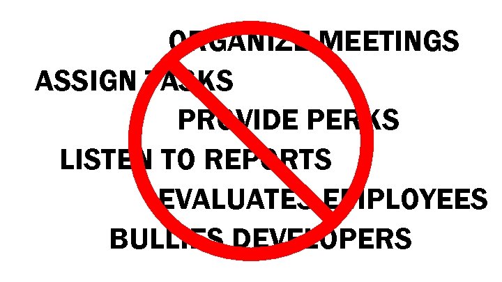 ORGANIZE MEETINGS ASSIGN TASKS PROVIDE PERKS LISTEN TO REPORTS EVALUATES EMPLOYEES BULLIES DEVELOPERS 