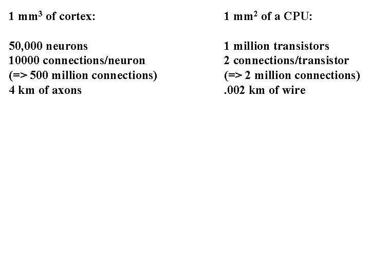 1 mm 3 of cortex: 1 mm 2 of a CPU: 50, 000 neurons
