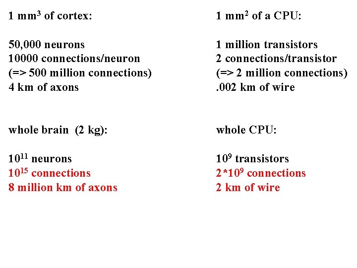 1 mm 3 of cortex: 1 mm 2 of a CPU: 50, 000 neurons