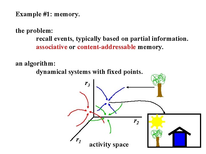 Example #1: memory. the problem: recall events, typically based on partial information. associative or