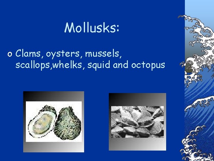 Mollusks: o Clams, oysters, mussels, scallops, whelks, squid and octopus 