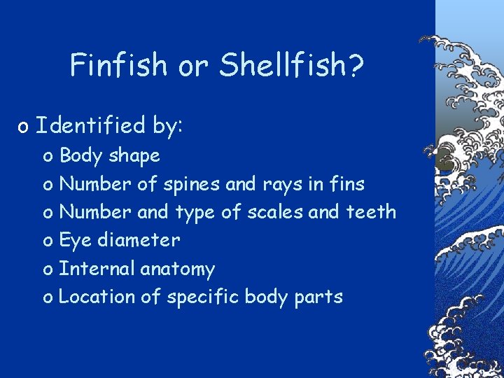 Finfish or Shellfish? o Identified by: o Body shape o Number of spines and