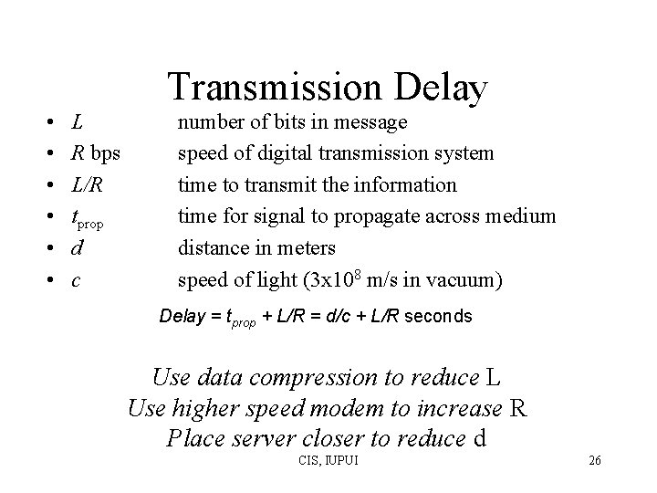 Transmission Delay • • • L R bps L/R tprop d c number of Transmission Delay • • • L R bps L/R tprop d c number of