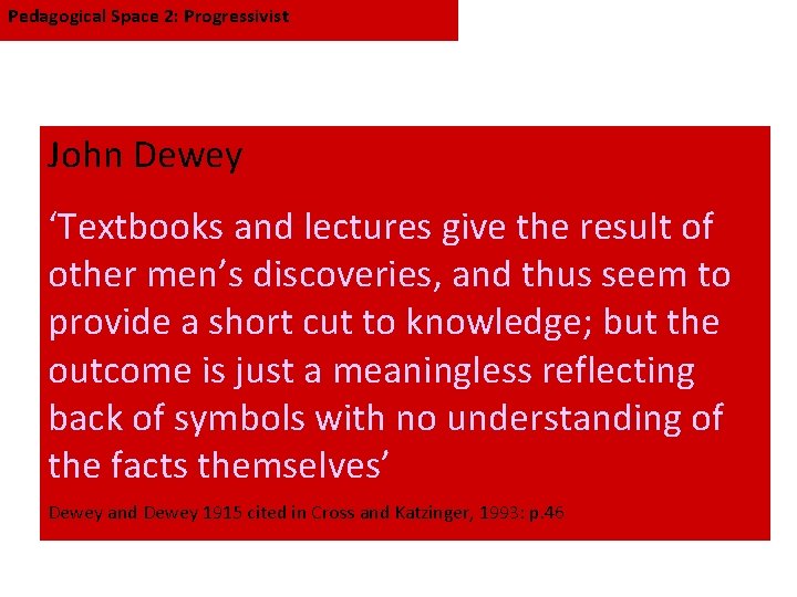 Pedagogical Space 2: Progressivist John Dewey ‘Textbooks and lectures give the result of other