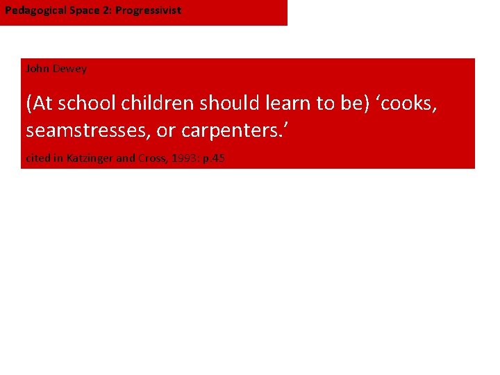 Pedagogical Space 2: Progressivist John Dewey (At school children should learn to be) ‘cooks,