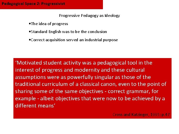 Pedagogical Space 2: Progressivist Progressive Pedagogy as Ideology • The idea of progress •