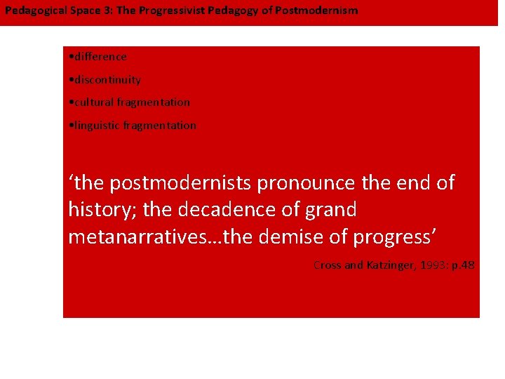 Pedagogical Space 3: The Progressivist Pedagogy of Postmodernism • difference • discontinuity • cultural