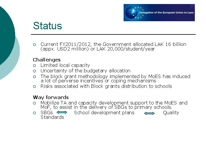 Status ¡ Current FY 2011/2012, the Government allocated LAK 16 billion (appx. USD 2