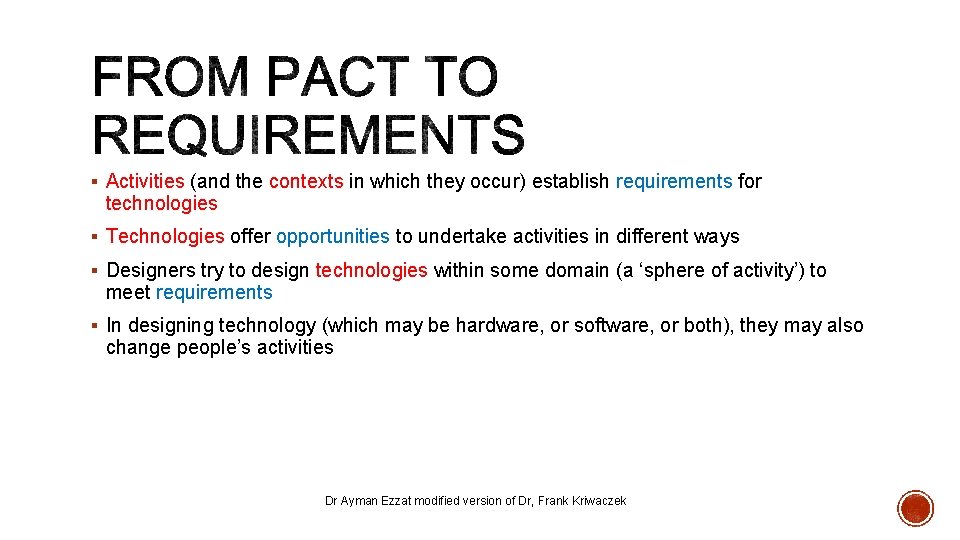 § Activities (and the contexts in which they occur) establish requirements for technologies §