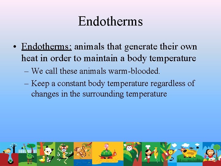 Endotherms • Endotherms: animals that generate their own heat in order to maintain a