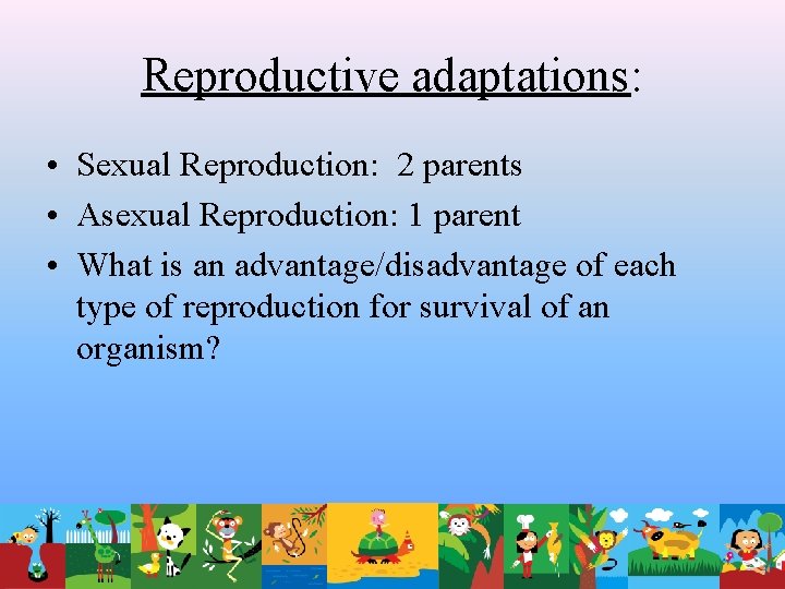 Reproductive adaptations: • Sexual Reproduction: 2 parents • Asexual Reproduction: 1 parent • What