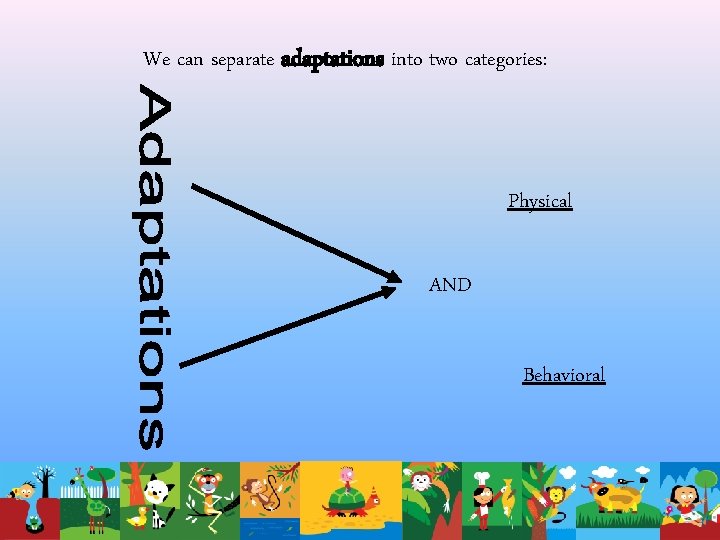 We can separate adaptations into two categories: Physical AND Behavioral We can separate adaptations into two categories: Physical AND Behavioral