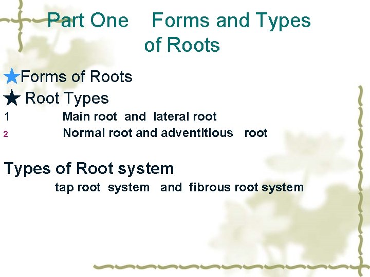 Part One Forms and Types of Roots ★Forms of Roots ★ Root Types 1