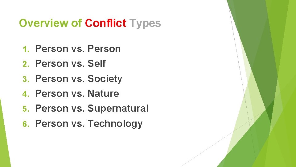 Overview of Conflict Types 1. Person vs. Person 2. Person vs. Self 3. Person Overview of Conflict Types 1. Person vs. Person 2. Person vs. Self 3. Person
