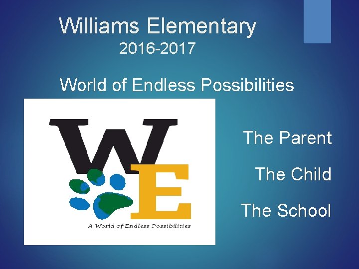 Williams Elementary 2016 -2017 World of Endless Possibilities The Parent The Child The School