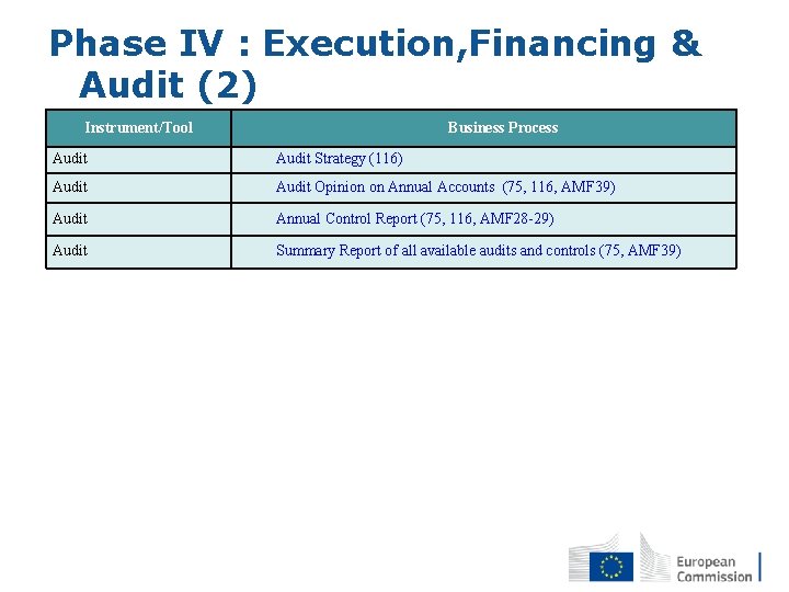 Phase IV : Execution, Financing & Audit (2) Instrument/Tool Business Process Audit Strategy (116)