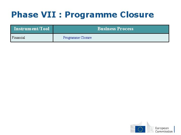 Phase VII : Programme Closure Instrument/Tool Financial Business Process Programme Closure 