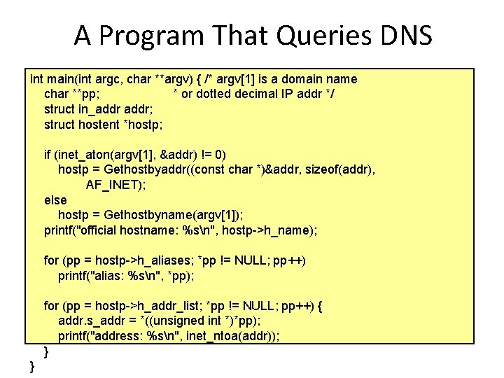 A Program That Queries DNS int main(int argc, char **argv) { /* argv[1] is