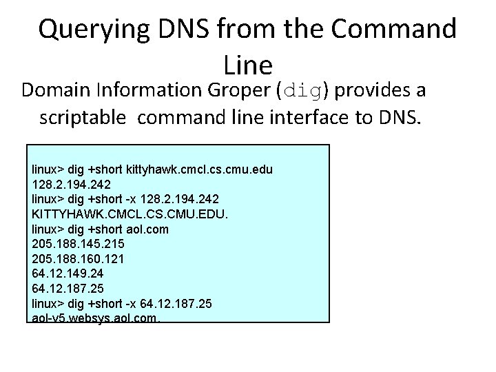 Querying DNS from the Command Line Domain Information Groper (dig) provides a scriptable command