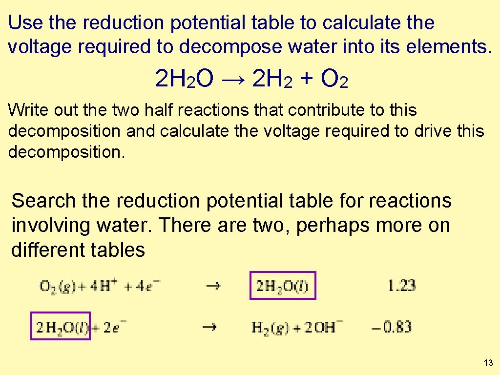 Use the reduction potential table to calculate the voltage required to decompose water into