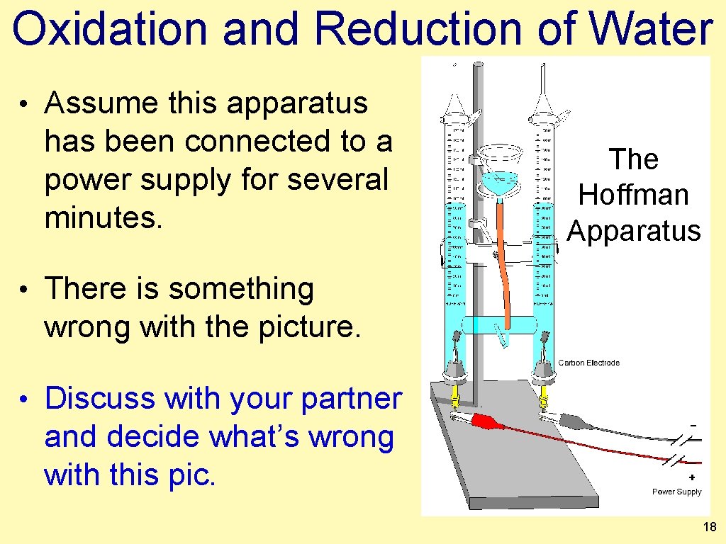 Oxidation and Reduction of Water • Assume this apparatus has been connected to a