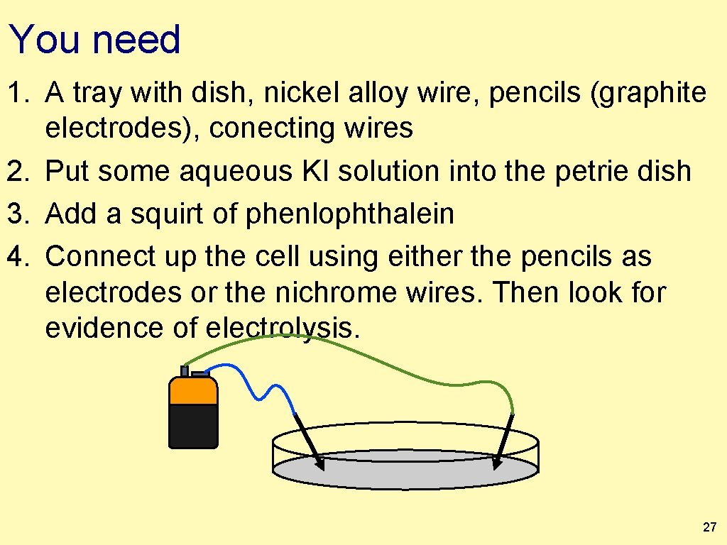 You need 1. A tray with dish, nickel alloy wire, pencils (graphite electrodes), conecting