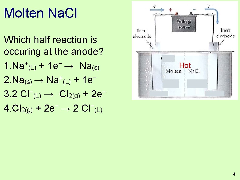 Molten Na. Cl Which half reaction is occuring at the anode? 1. Na+(L) +