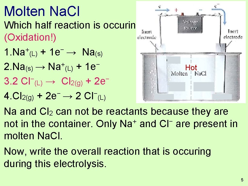 Molten Na. Cl Which half reaction is occuring at the anode? (Oxidation!) + −