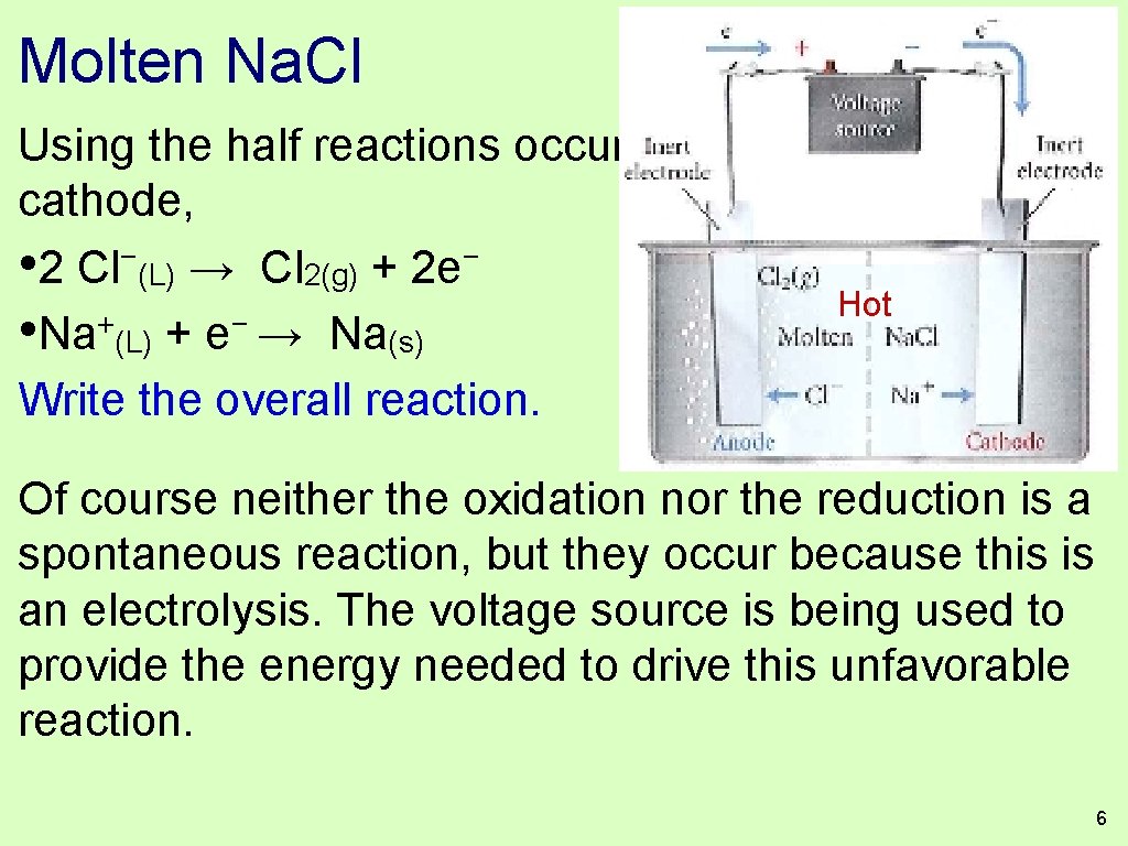 Molten Na. Cl Using the half reactions occuring at the anode and cathode, −