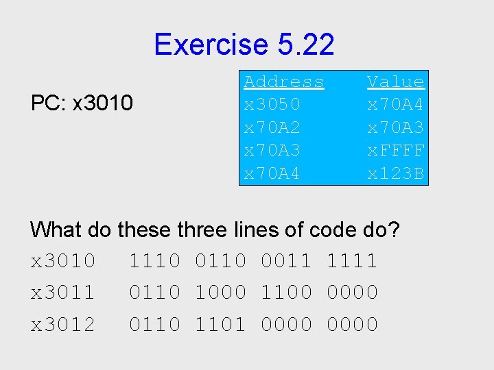 Exercise 5. 22 PC: x 3010 Address x 3050 x 70 A 2 x