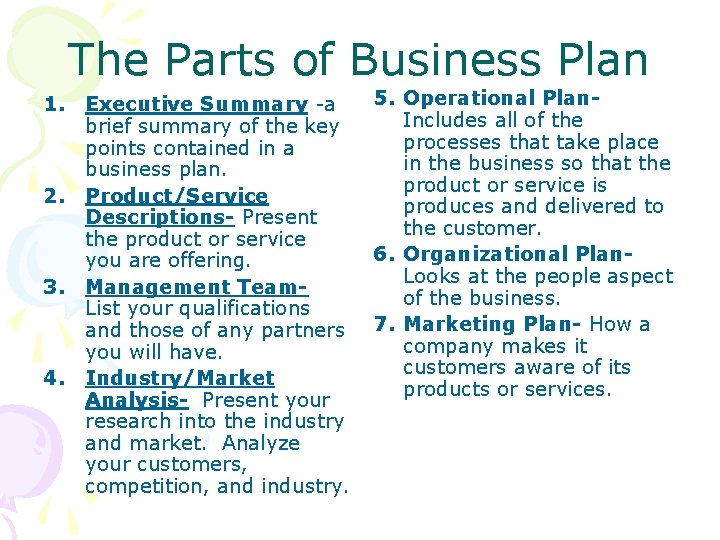 The Parts of Business Plan 1. Executive Summary -a brief summary of the key