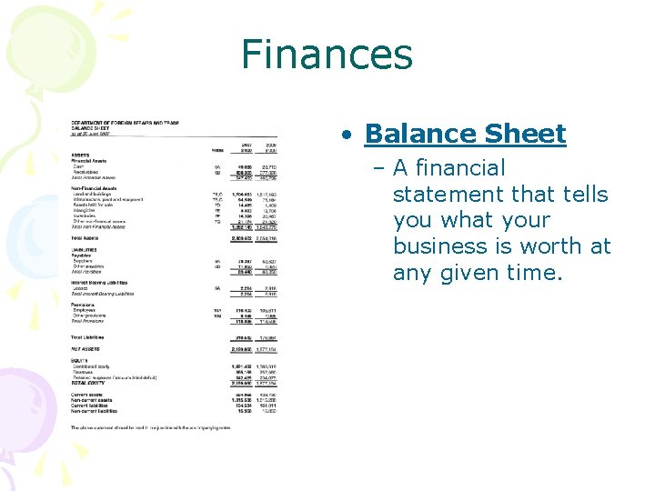 Finances • Balance Sheet – A financial statement that tells you what your business
