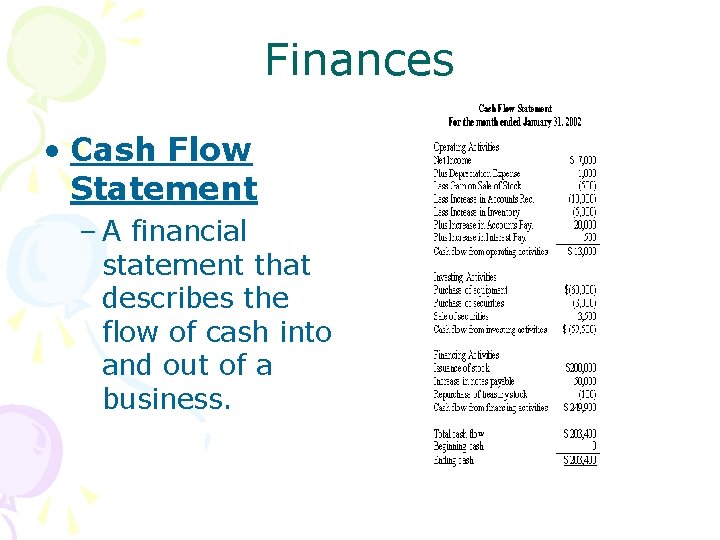 Finances • Cash Flow Statement – A financial statement that describes the flow of