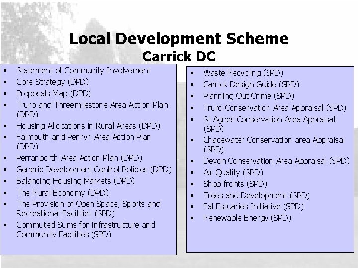 Local Development Scheme Carrick DC • • • Statement of Community Involvement Core Strategy