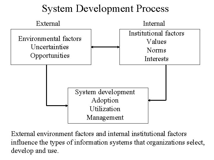 System Development Process External Environmental factors Uncertainties Opportunities Internal Institutional factors Values Norms Interests
