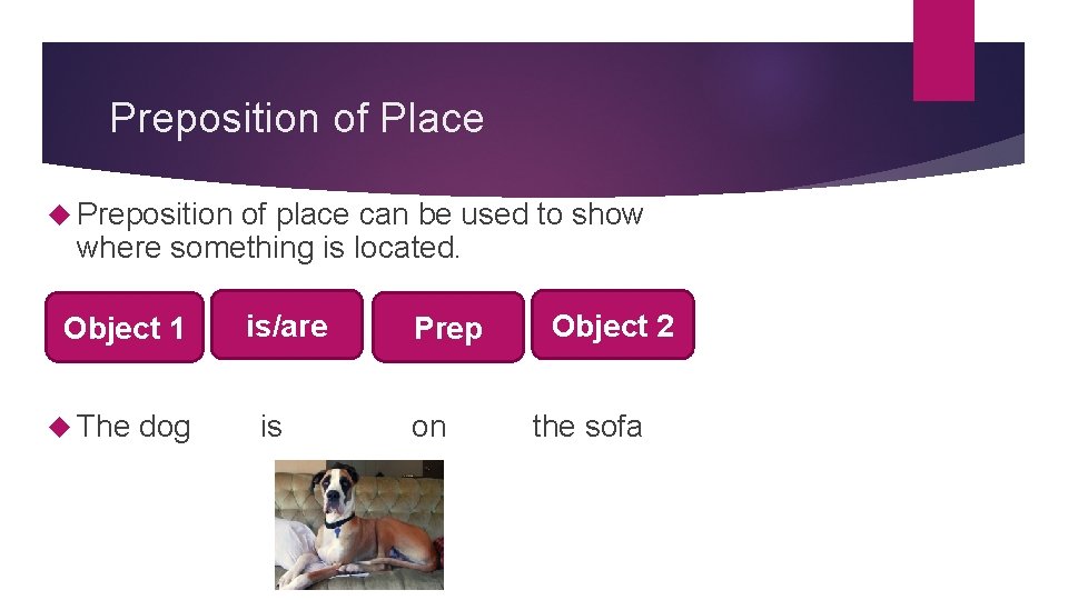 Preposition of Place Preposition of place can be used to show where something is Preposition of Place Preposition of place can be used to show where something is
