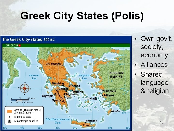 Greek City States (Polis) • Own gov’t, society, economy • Alliances • Shared language Greek City States (Polis) • Own gov’t, society, economy • Alliances • Shared language