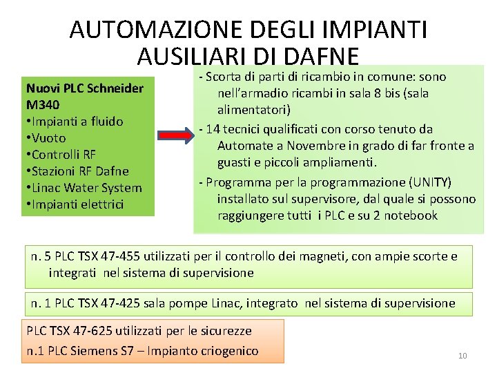 AUTOMAZIONE DEGLI IMPIANTI AUSILIARI DI DAFNE Nuovi PLC Schneider M 340 • Impianti a