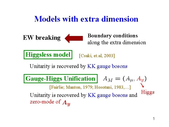 Models with extra dimension EW breaking Higgsless model Boundary conditions along the extra dimension