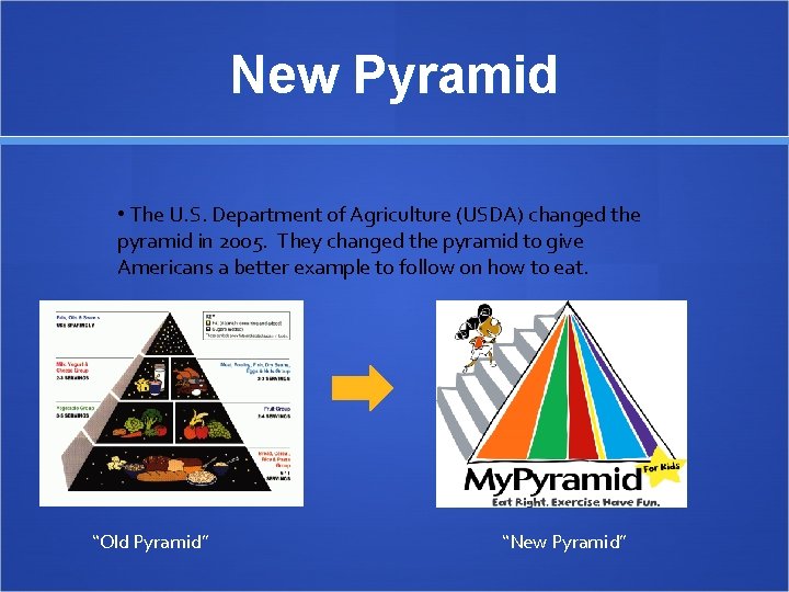 New Pyramid • The U. S. Department of Agriculture (USDA) changed the pyramid in