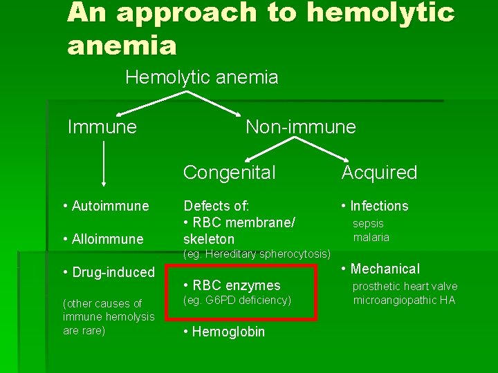 An approach to hemolytic anemia Hemolytic anemia Immune • Autoimmune • Alloimmune Non-immune Congenital