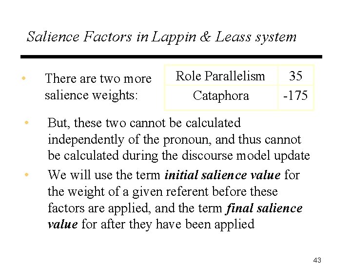 Salience Factors in Lappin & Leass system Role Parallelism Cataphora 35 -175 • There