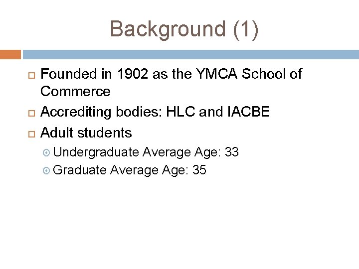 Background (1) Founded in 1902 as the YMCA School of Commerce Accrediting bodies: HLC