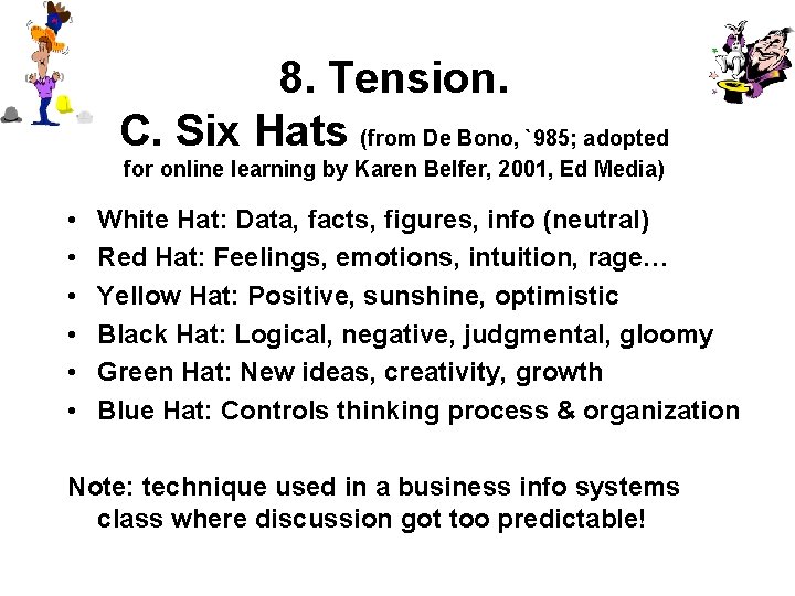 8. Tension. C. Six Hats (from De Bono, `985; adopted for online learning by