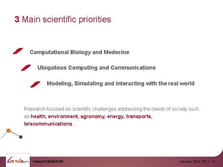 3 Main scientific priorities Computational Biology and Medecine Ubiquitous Computing and Communications Modeling, Simulating