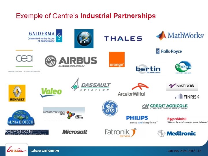 Exemple of Centre’s Industrial Partnerships Gérard GIRAUDON January 23 rd, 2013 - 13 