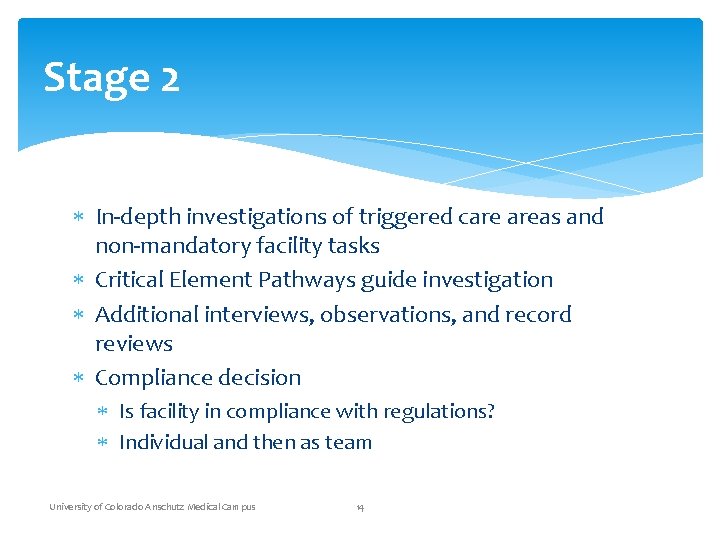 Stage 2 In-depth investigations of triggered care areas and non-mandatory facility tasks Critical Element