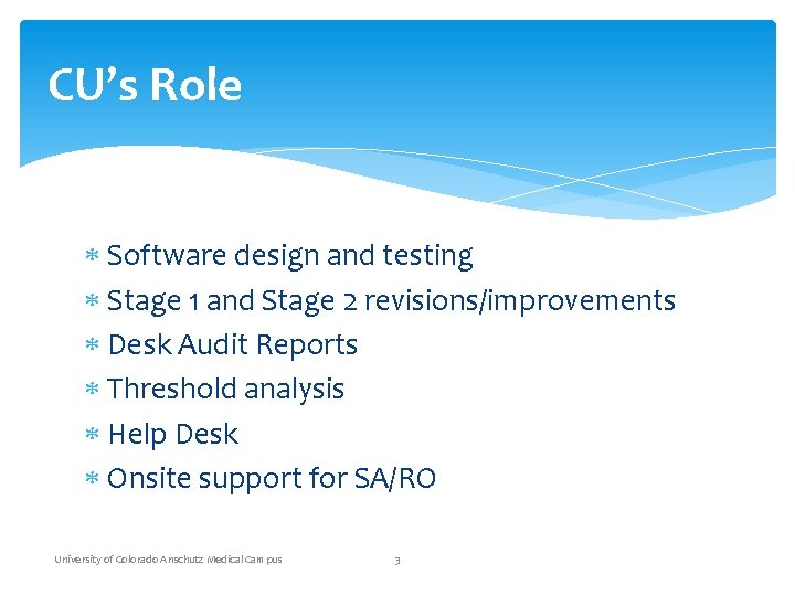 CU’s Role Software design and testing Stage 1 and Stage 2 revisions/improvements Desk Audit