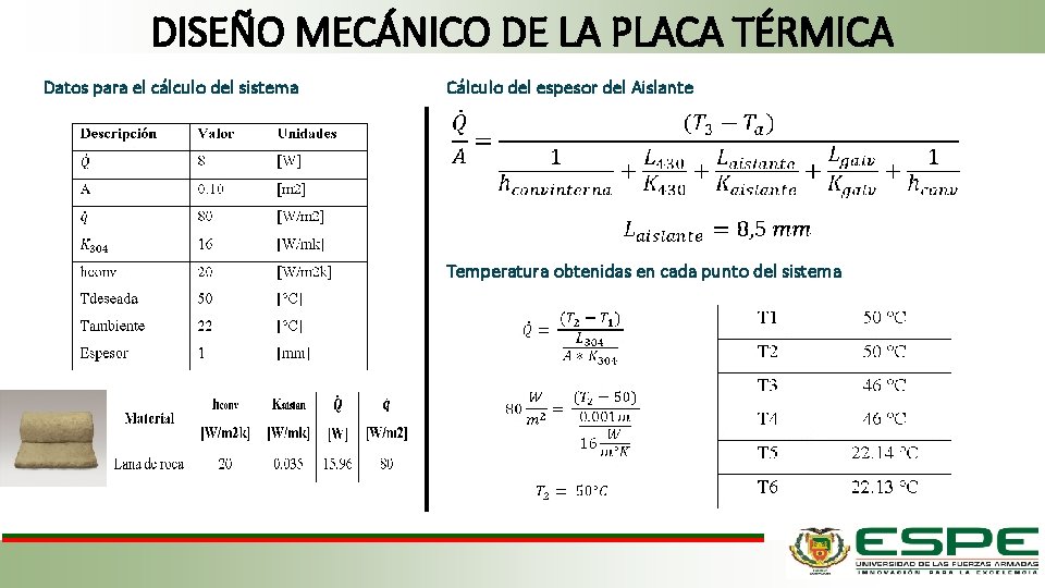 DISEÑO MECÁNICO DE LA PLACA TÉRMICA Datos para el cálculo del sistema Cálculo del